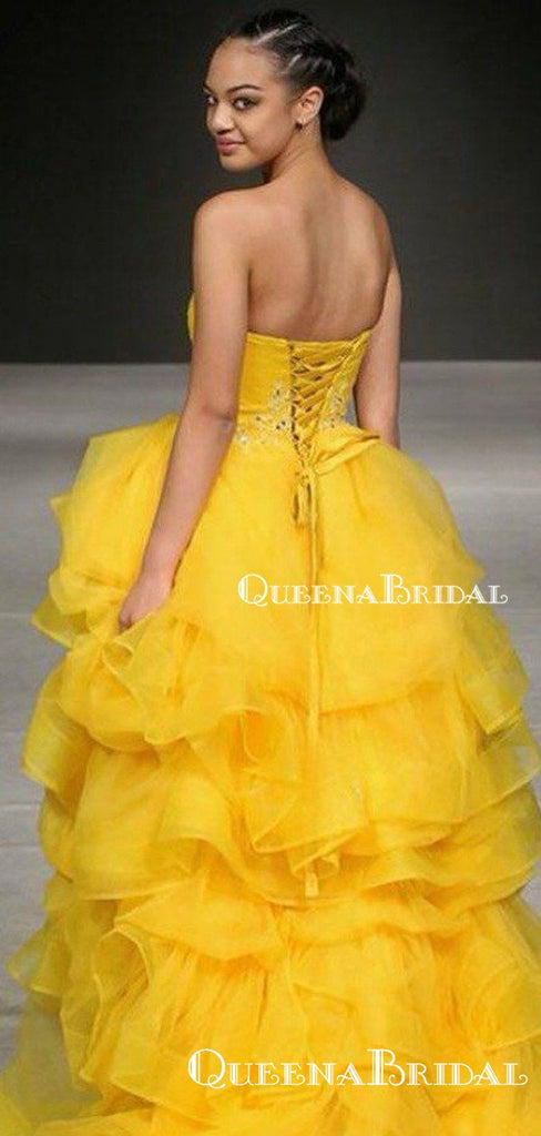 Sweetheart Ball Gown Charming Sleeveless Yellow Tulle Beaded Long Cheap Prom Dresses, QB0954