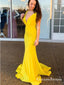 Elegant Mermaid V-Back Ruched Long Cheap Yellow Prom Dresses, QB0765