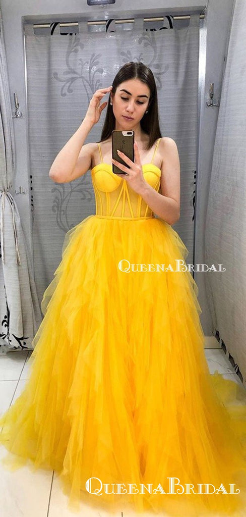 Elegant Charming Spaghetti Strap Yellow Organza A-line Long Cheap Formal Evening Party Prom Dresses, PDS0040