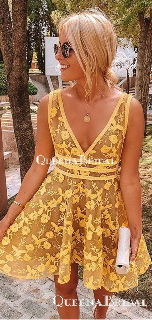 New Arrival V-neck Yellow Lace A-line Short Cheap Party Homecoming Dresses, HDS0014